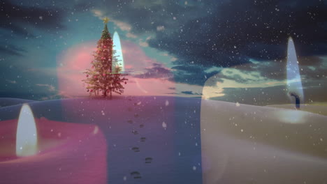 christmas tree and footprints in snow with candlelight animation in background