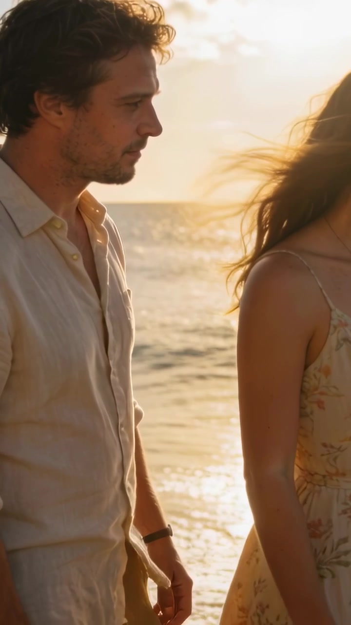 Video verticale: La telecamera inizia con un primo piano di una coppia che cammina sulla spiaggia guardando il sole, con un vestito floreale che luccica