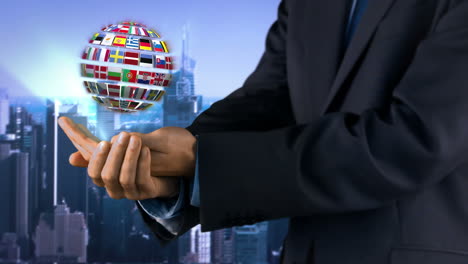 ball made of european nationals flags turning on businessman hands