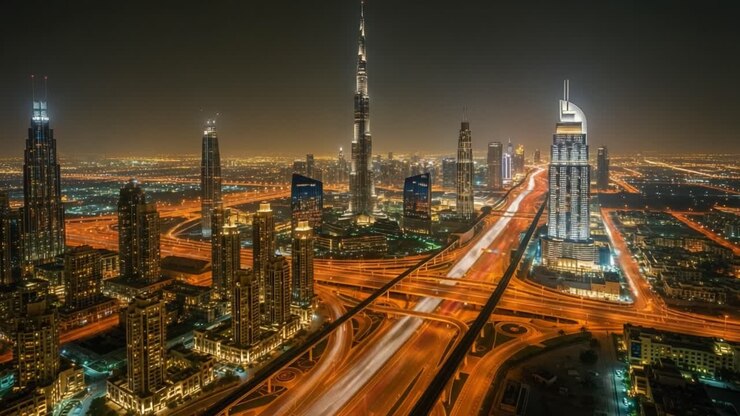 Vue aérienne nocturne du paysage urbain illuminé et des autoroutes de Dubaï