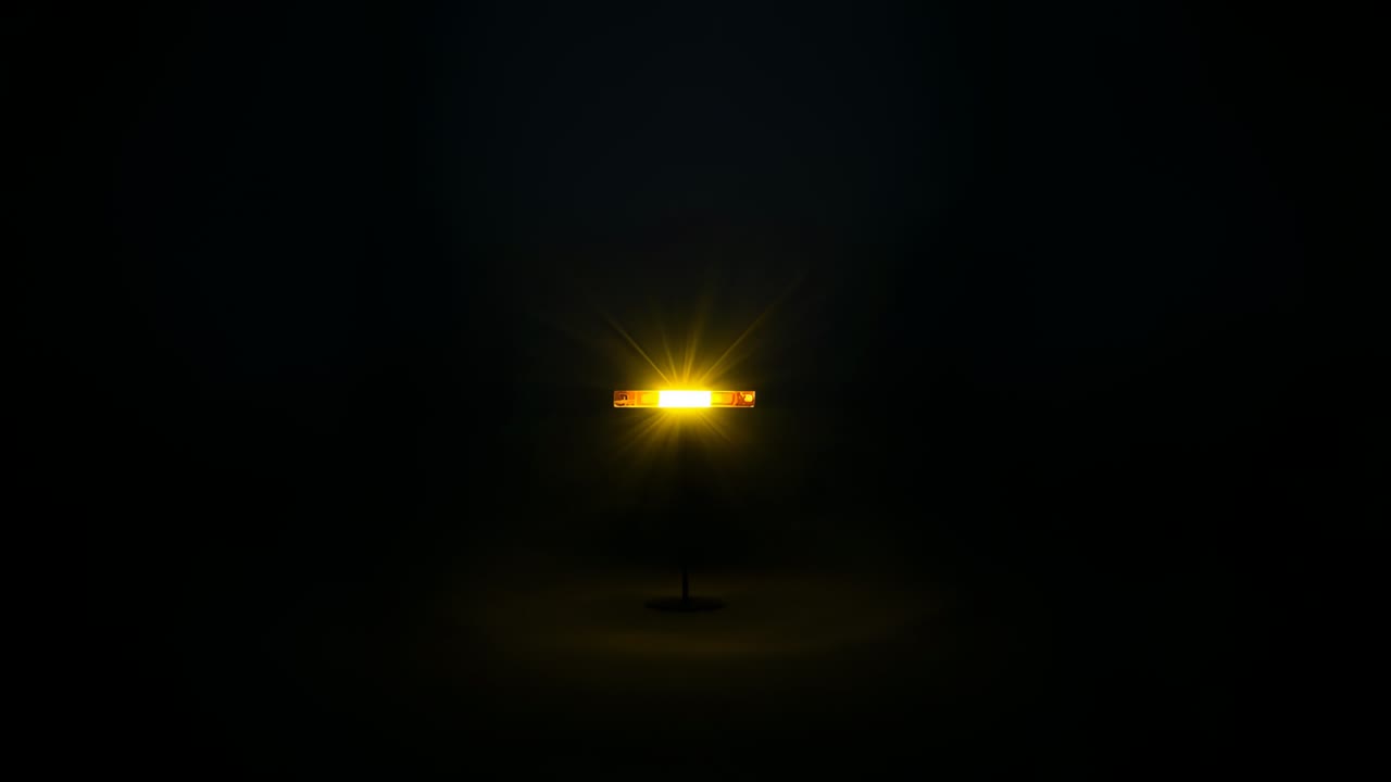 Brightening rectangular lamp powering on, with red edges firing flares and halo, lighting floor