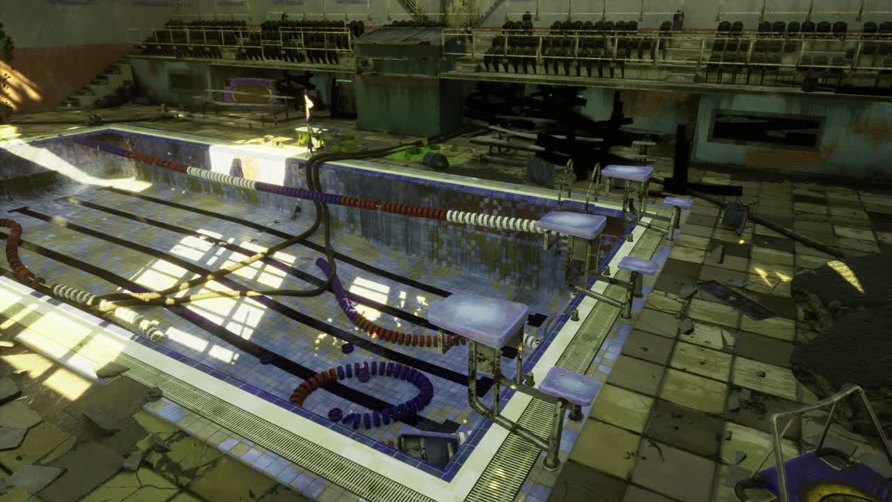 Abandoned indoor pool with overgrown surroundings and decay