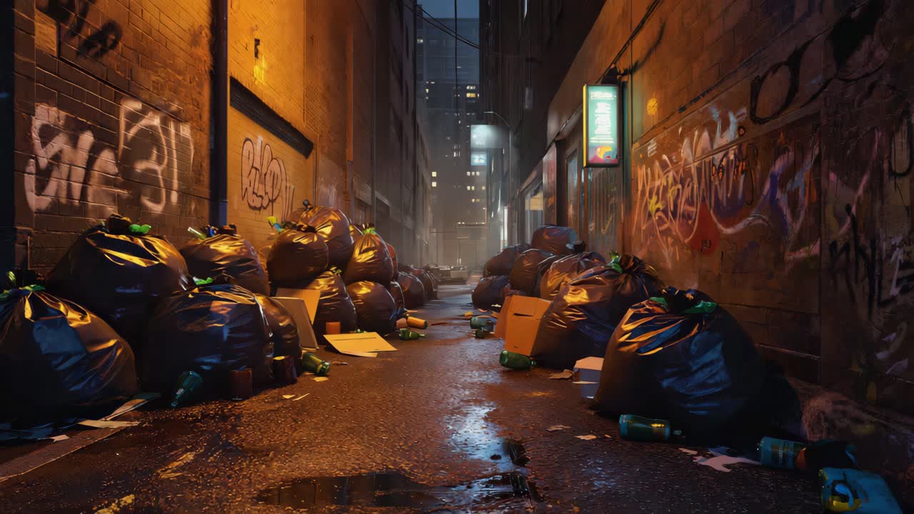 Dirty Alleyway with Graffiti and Trash