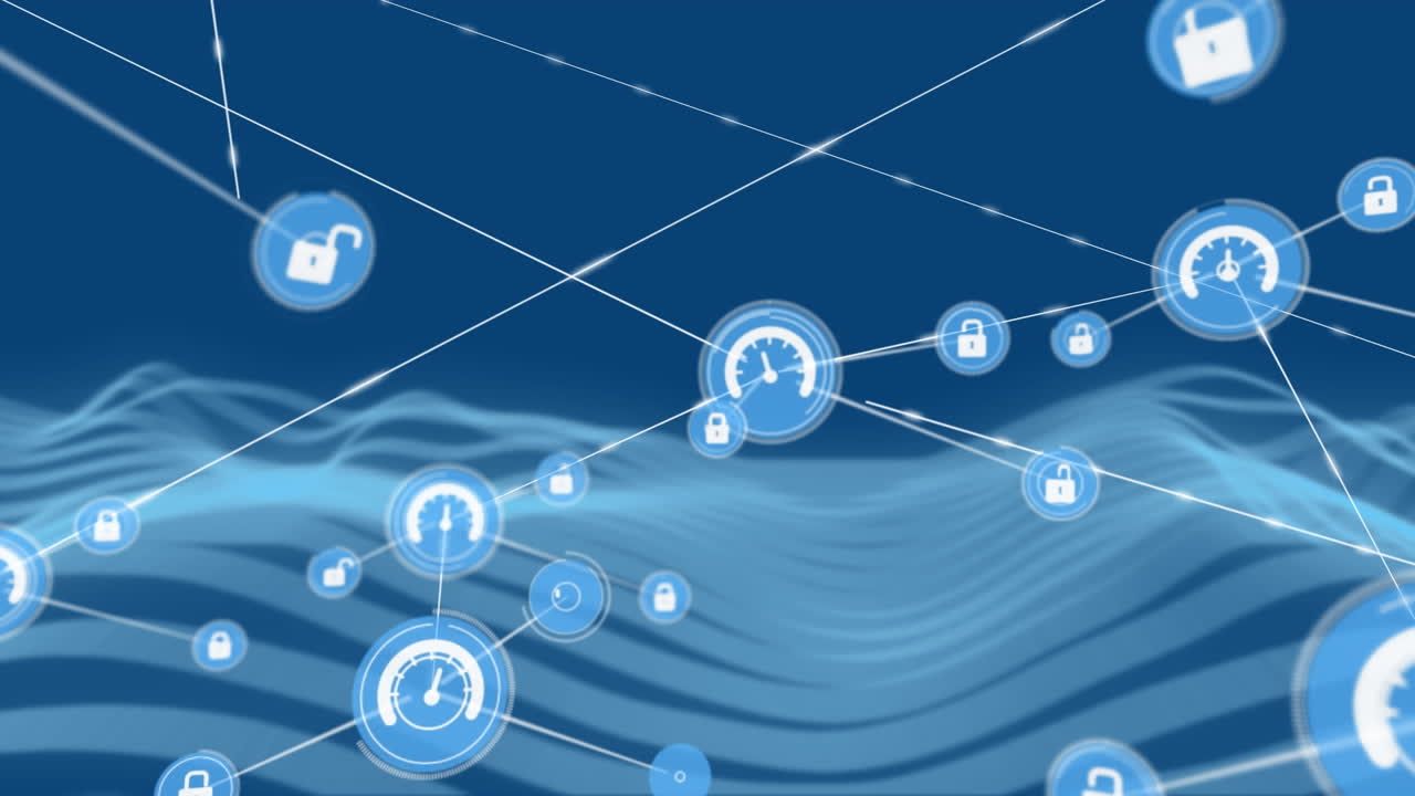 파란색 배경 위에 아이콘으로 연결 네트워크의 애니메이션