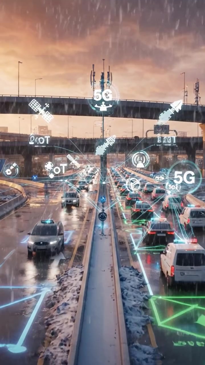 Controllo innovativo del traffico urbano: una panoramica futuristica di veicoli intelligenti e connettività sotto cieli piovosi su un'autostrada cittadina trafficata.