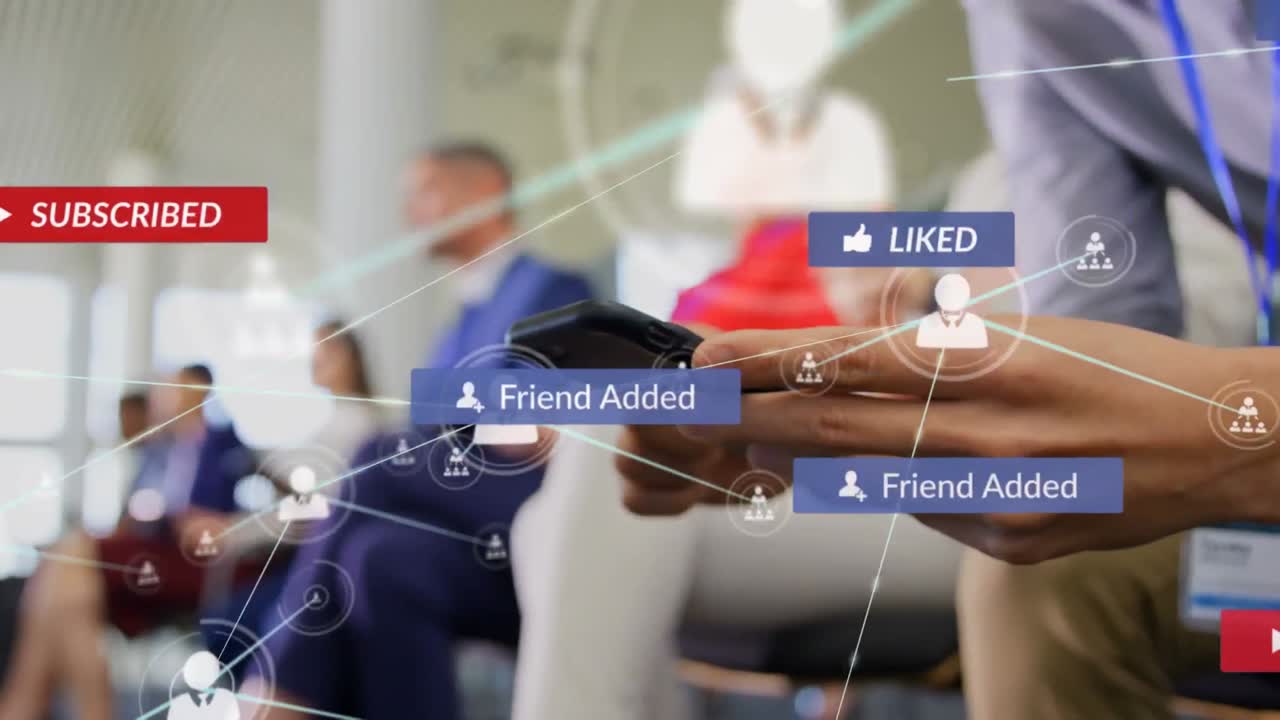 스마트폰을 사용하는 백인 남성에 대한 연결 네트워크와 소셜 미디어 아이콘의 애니메이션