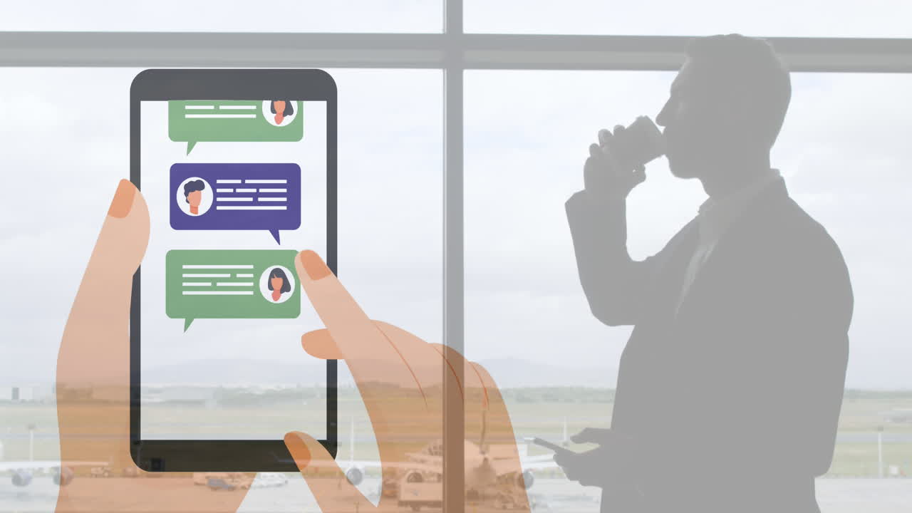Animazione di smartphone digitale su uomo che beve caffè all'aeroporto