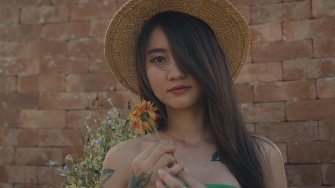 Woman enjoying a flower in a garden