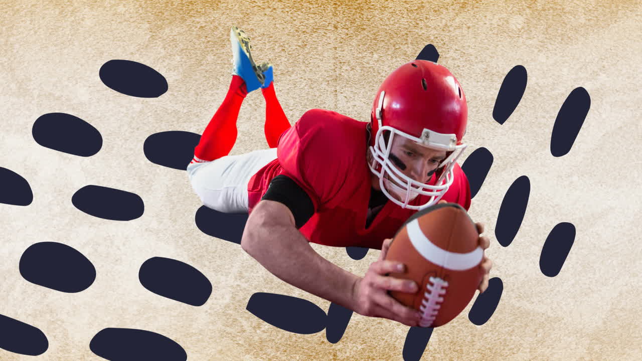 Animazione di un giocatore di football americano con pallone su macchie nere su sfondo beige