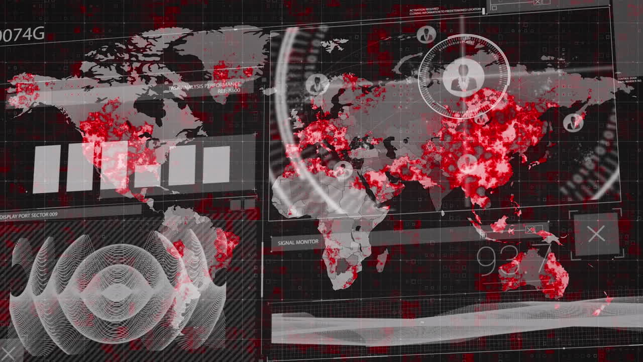 animación del procesamiento de datos sobre el mapa del mundo en fondo negro