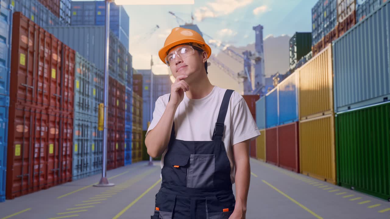 Asian Man Worker Wearing Goggles And Safety Helmet Thinking About Something And Looking Around While Standing At Container Yard Warehouse