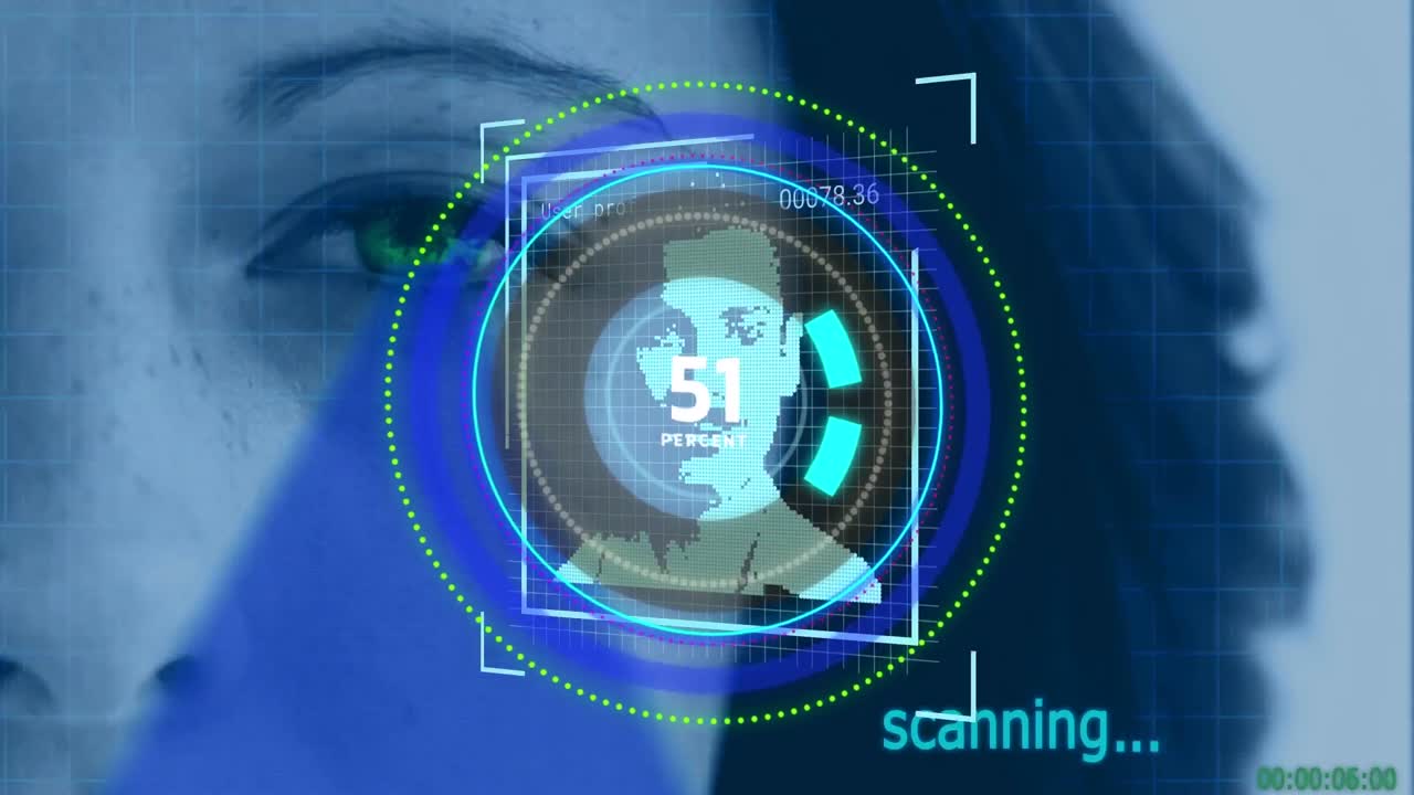 Animation of social media photos and loading over face of caucasian woman