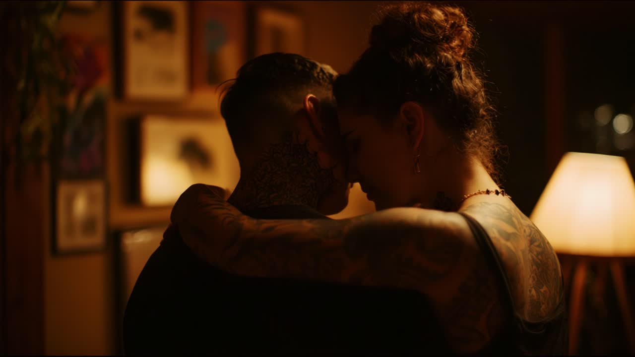 Intimate Embrace: A Deep Connection Captured in Soft Lighting, Highlighting the Bond Between Two Individuals with Intricate Tattoo Art and a Warm, Cozy Atmosphere