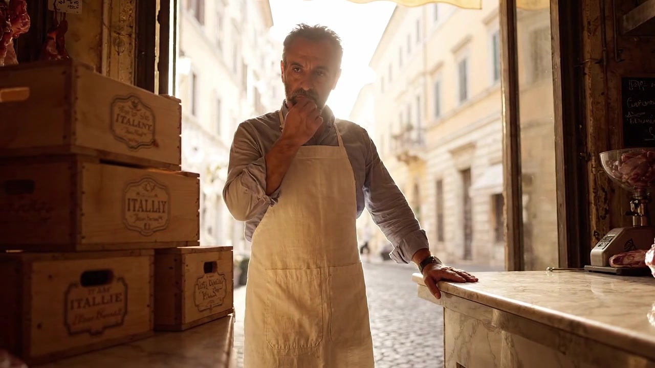 Un macellaio pensieroso sta all'ingresso di un pittoresco mercato, circondato da rustiche casse di legno, incarnando il fascino dell'artigianato tradizionale in una strada illuminata dal sole
