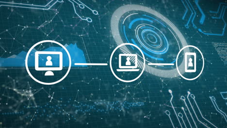 animación de iconos con red de conexiones, escaneo de alcance y procesamiento de datos