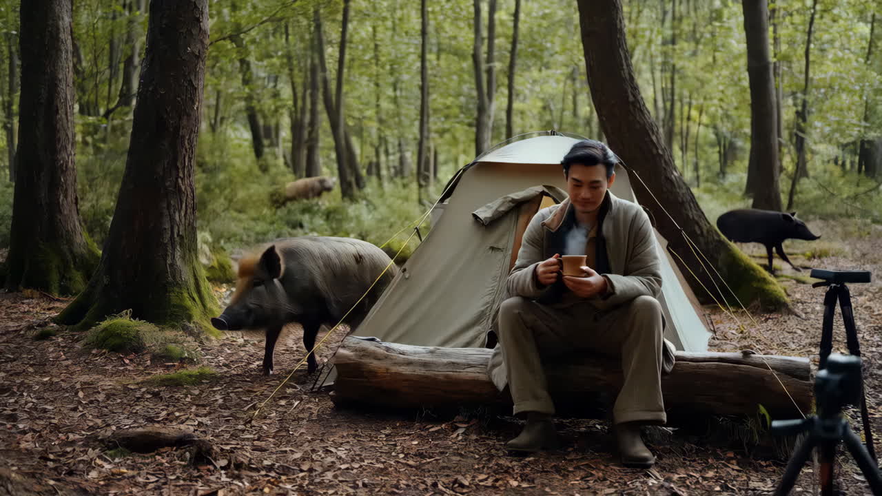 Man enjoying coffee in the forest with wild boar