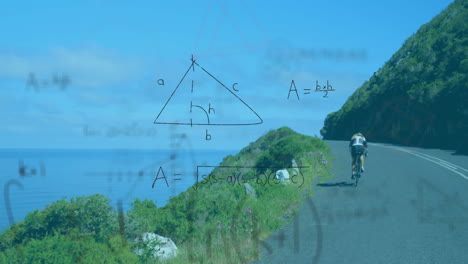 mathematical equations and diagrams against man cycling on the road