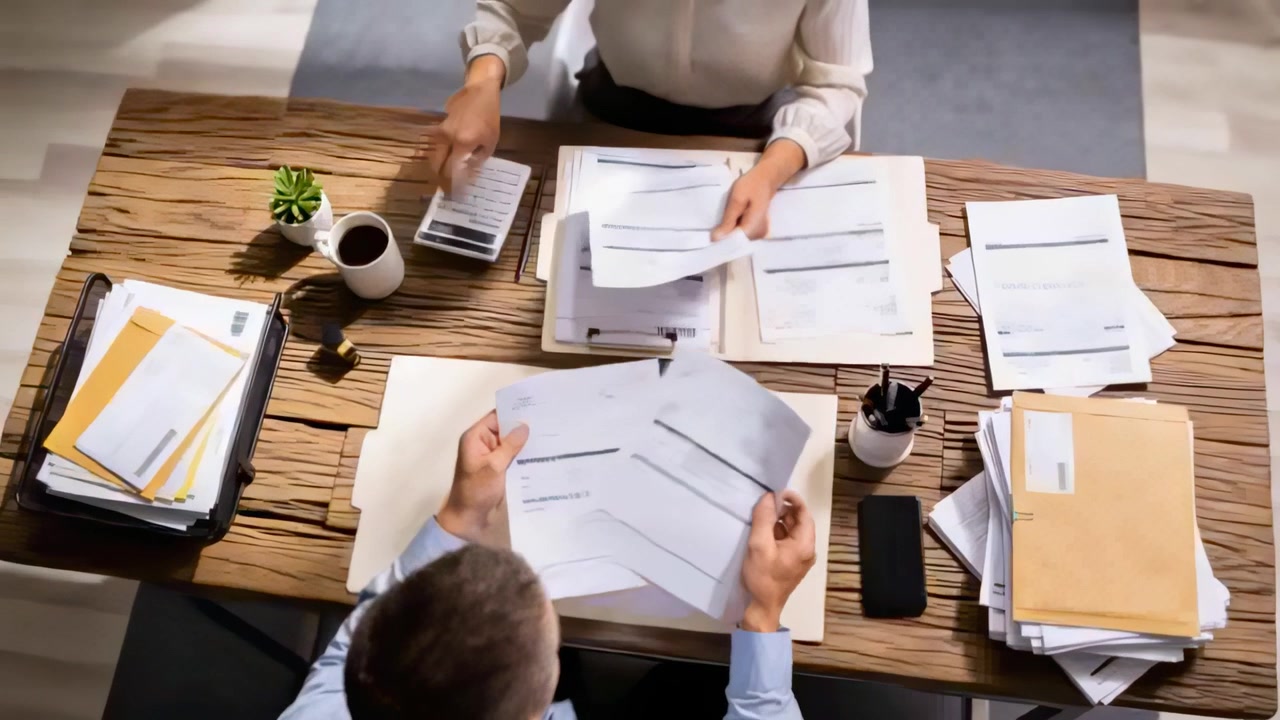 Opening binder, blue shirt and white blouse team preparing papers on wood desk, handling calculator