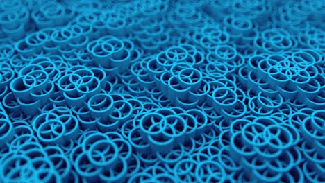 fondo de muchos círculos, un montón de cilindros de intersección 3d, fondo generado por computadora