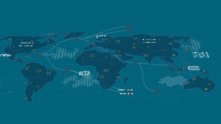Animation of network of connections over world map on blue background
