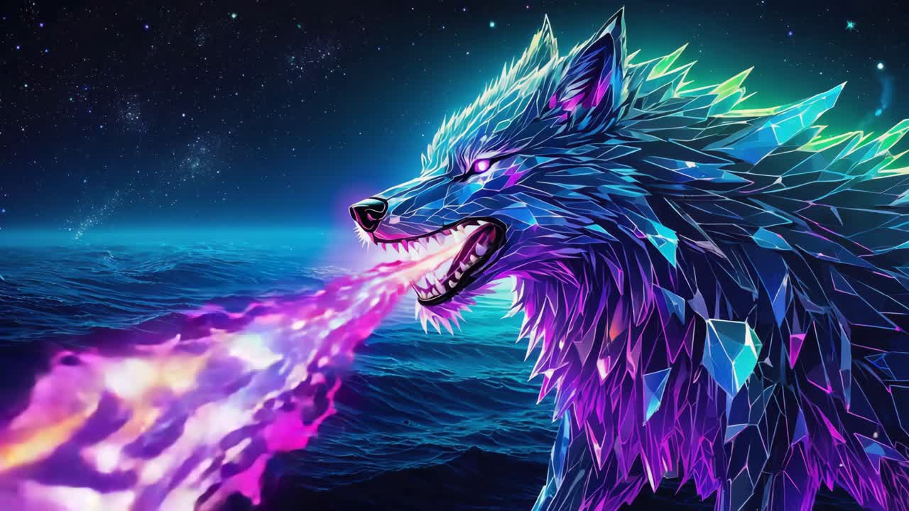 Crystal Wolf Breathing Fire on the Ocean