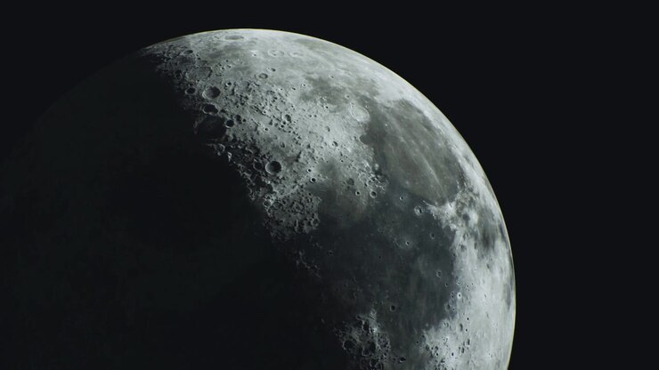 Vista hipnotizante da superfície da lua banhada em luz prateada