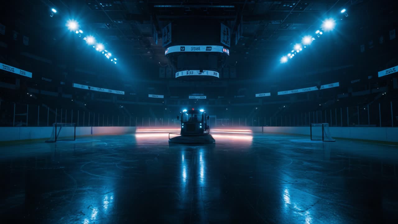 Illuminated Ice Rink Preparation: A Zamboni Cleans and Prepares the Ice Surface for Hockey Games Under Dramatic Lighting in an Arena Setting