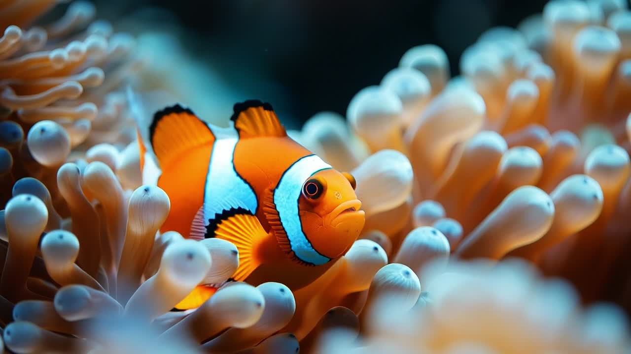 Clownfish in anemones. Clownfish explore vibrant sea anemones in a reef environment, showcasing their bright colors and unique habitat.