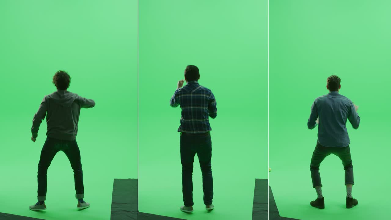 3 인 1 스플릿 그린 스크린 스튜디오: 다양한 민족, 다른 연령의 세 남자가 스포츠 이벤트, 콘서트, 축제, 파티에서 승리를 응원하고, 춤추고, 박수를 치며 축하합니다.