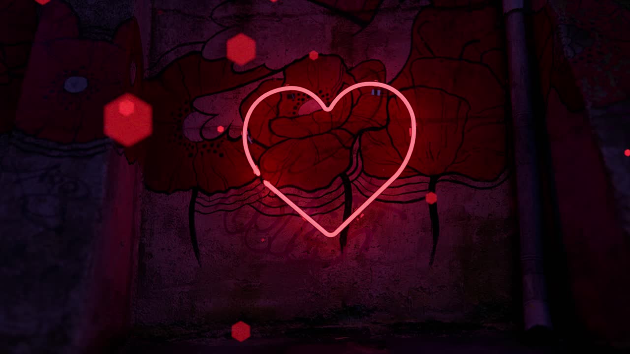 неоновое сердце на стене с граффити