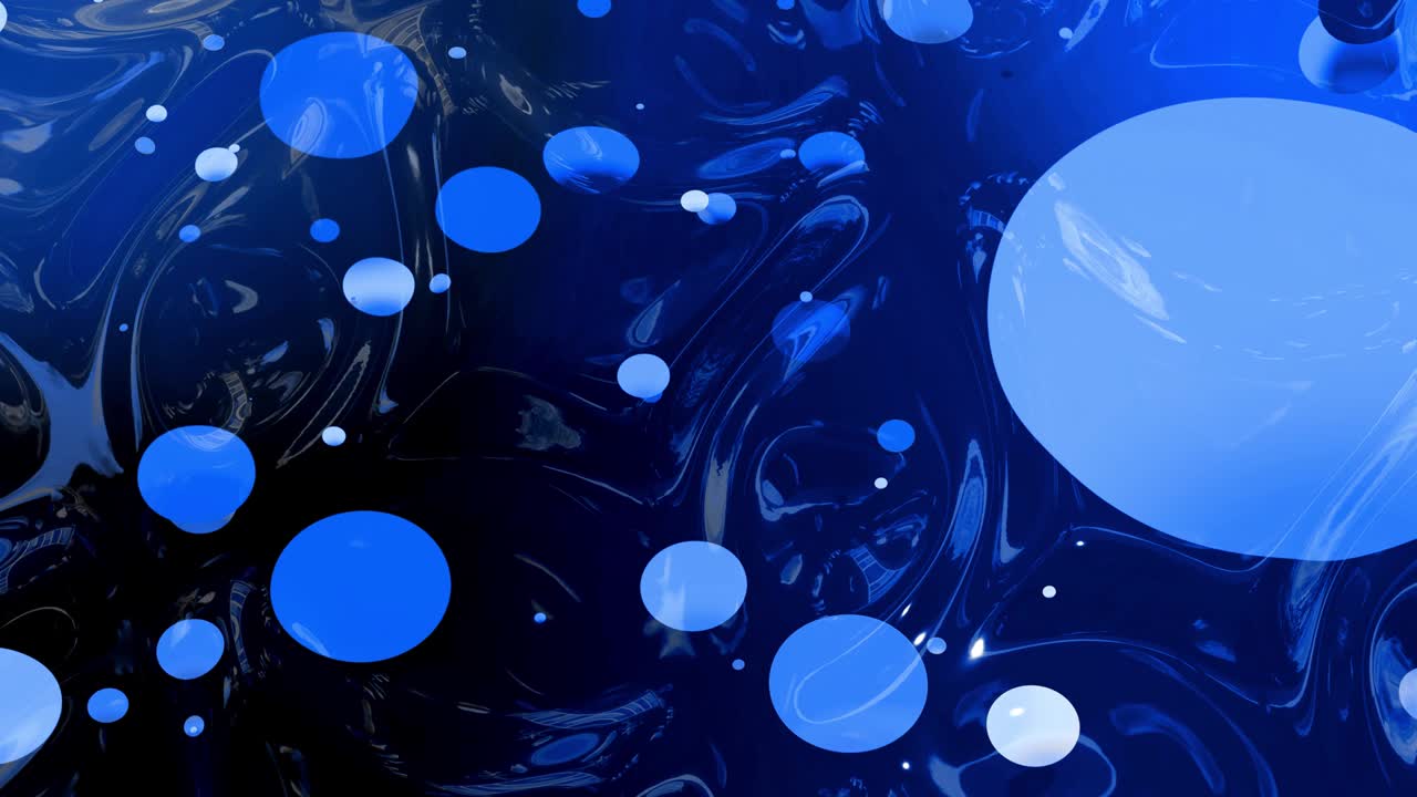 아름다운 추상적인 반이는 표면의 은 은 배경은 파란색 액체와 같은 파란색 물결과 함께 원은 기름에 페인트의 물방울처럼 떠 있습니다. 4k에서 파란색 색 gradient를 가진 창의적인 배경.