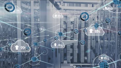 animation of clouds, network of connections with icons over computer servers