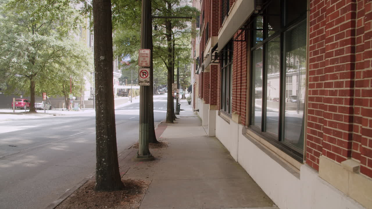 Empty City Street with Buildings and Trees