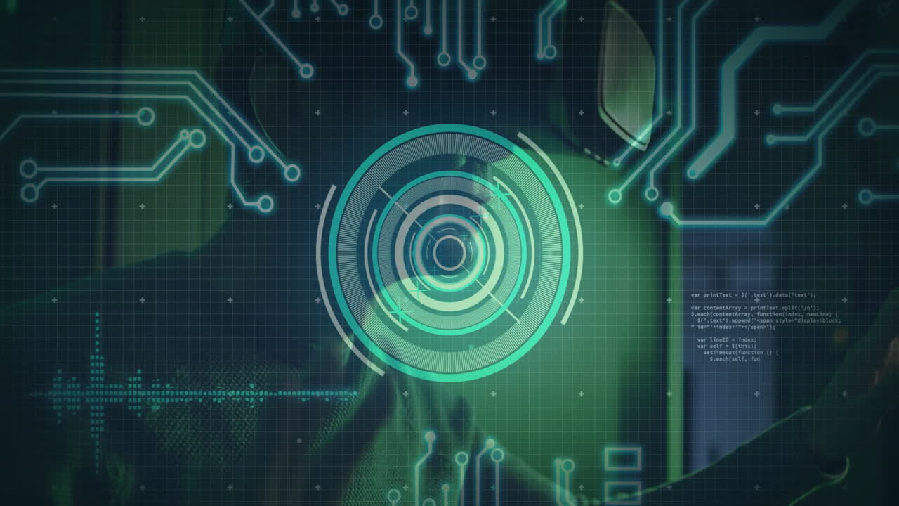 In animation, futuristic digital interface with circuit patterns and circles displayed