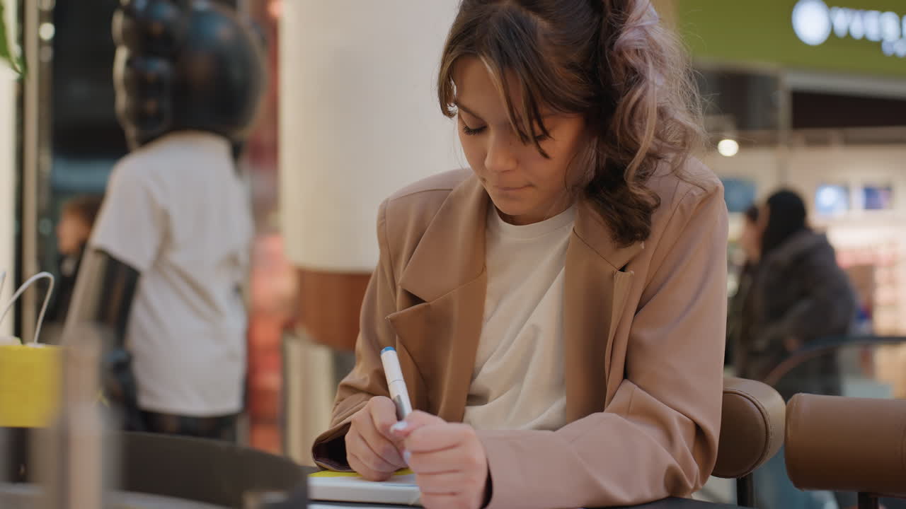 youth jotting notes amid storefronts, female teenager writing thoughts at marketplace with attentive focus, teenage woman carefully sketching her plans inside bustling shopping center environment