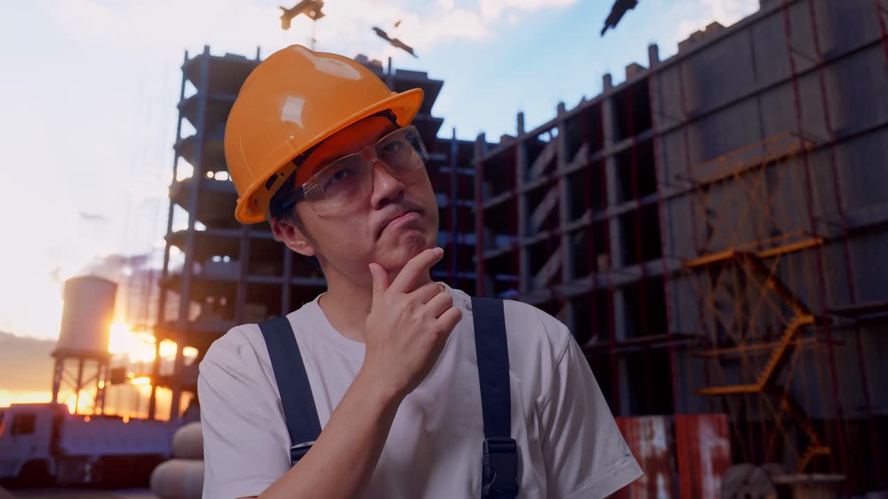Asian Man Worker Thinking Then Raising His Index Finger At Construction Site
