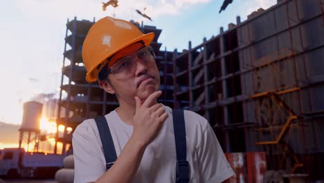 trabajador asiático pensando luego levantando su dedo índice en el sitio de construcción