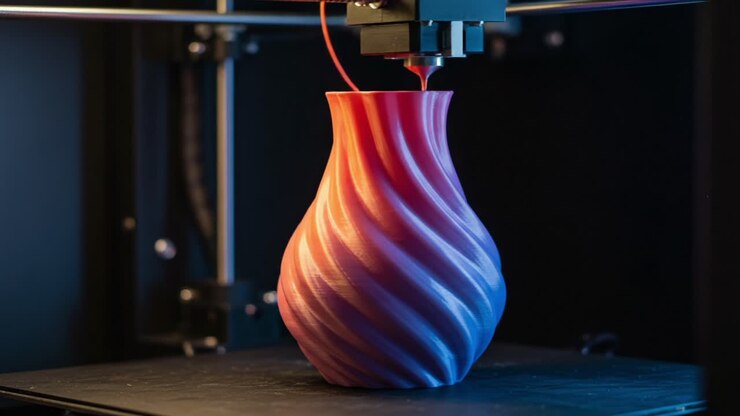 Captivating Craftsmanship in Progress: A Mesmerizing Spiral Vase Taking Shape in a 3D Printer, Showcasing Vibrant Colors and Artistic Design Elements