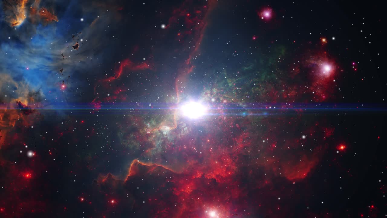 universo 4k, volando a través de las nubes nebulosas rojas y el campo estelar en el espacio profundo