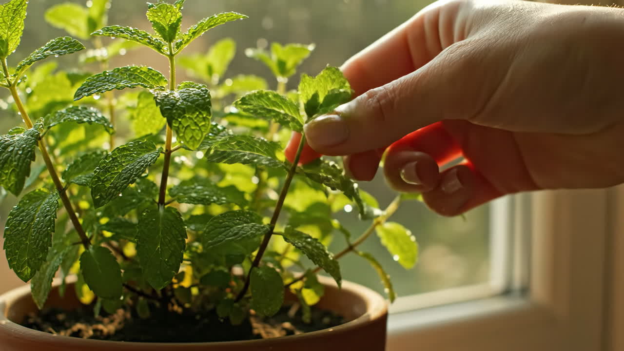 Käsi koskettaa hellästi tuoretta minttukasvia ruukussa ikkunan äärellä