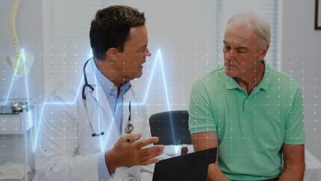 animation of data processing over caucasian male doctor talking with patient