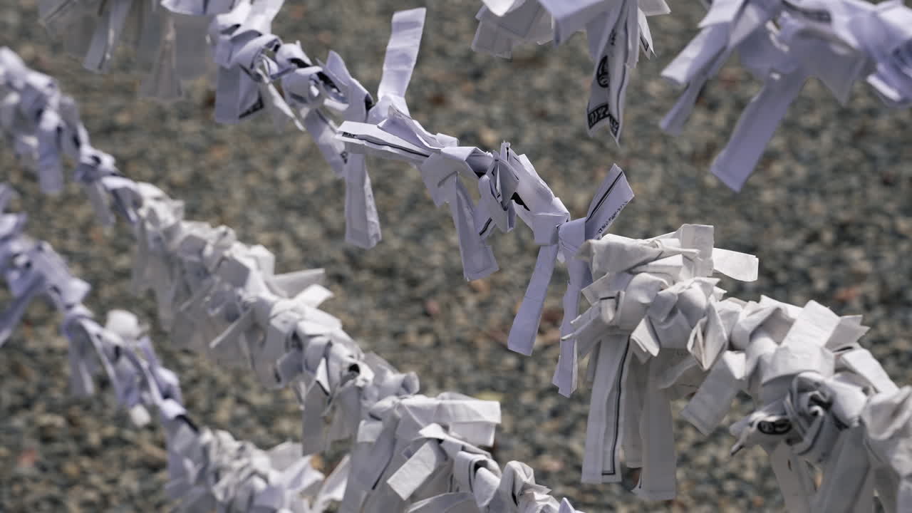 Folded white Omikuji fortune slips tied on ropes at a shrine.