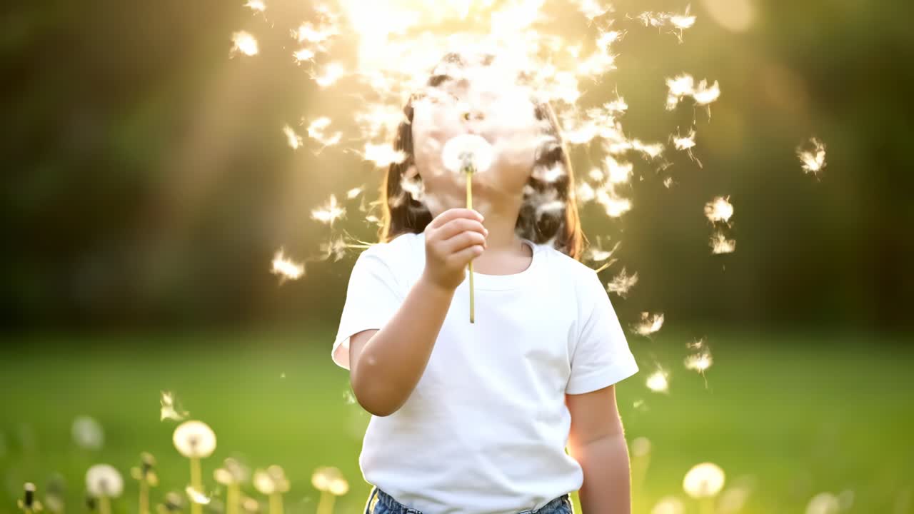 Girl blowing on dandelion in a sunny field