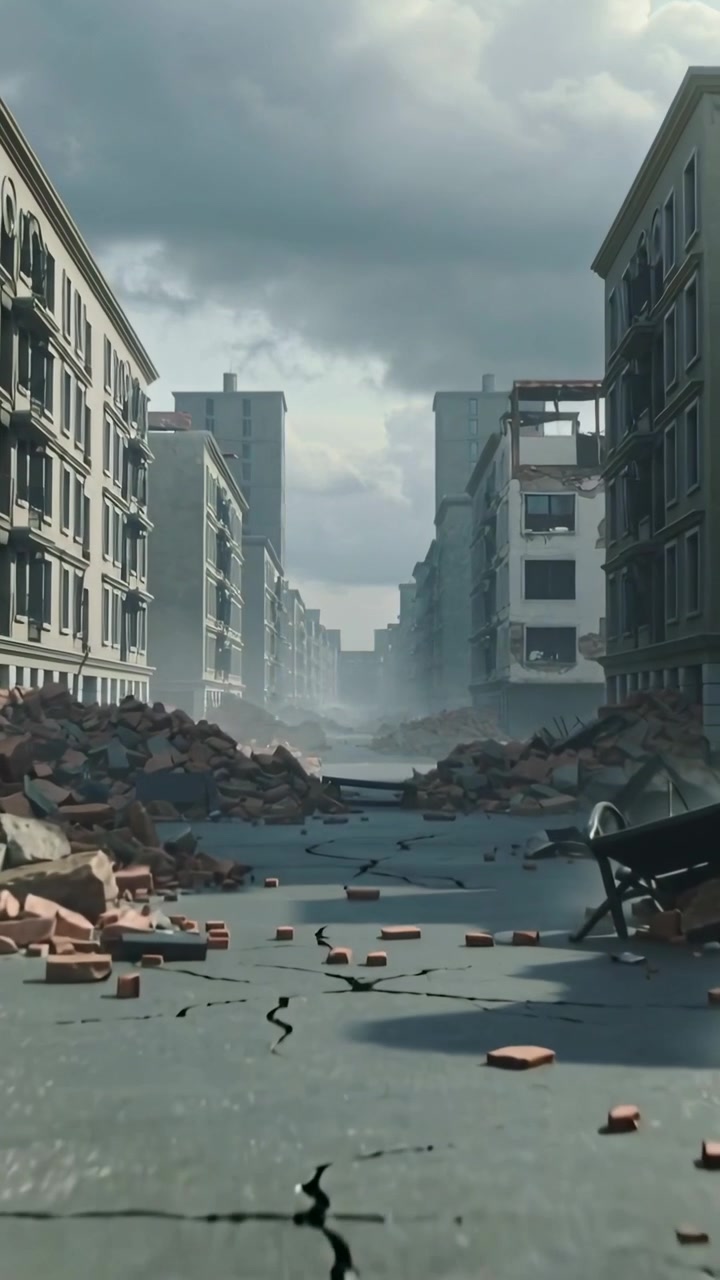 Video verticale: Telecamera in movimento che avanza per mettere a fuoco asfalto crepato e detriti sulla strada.
