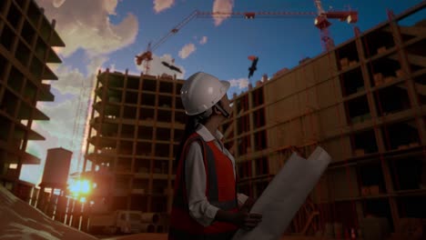 vista lateral de una ingeniera asiática con casco de seguridad mirando el plano en sus manos y mirando a su alrededor mientras está de pie en el sitio de construcción, durante la puesta o salida del sol
