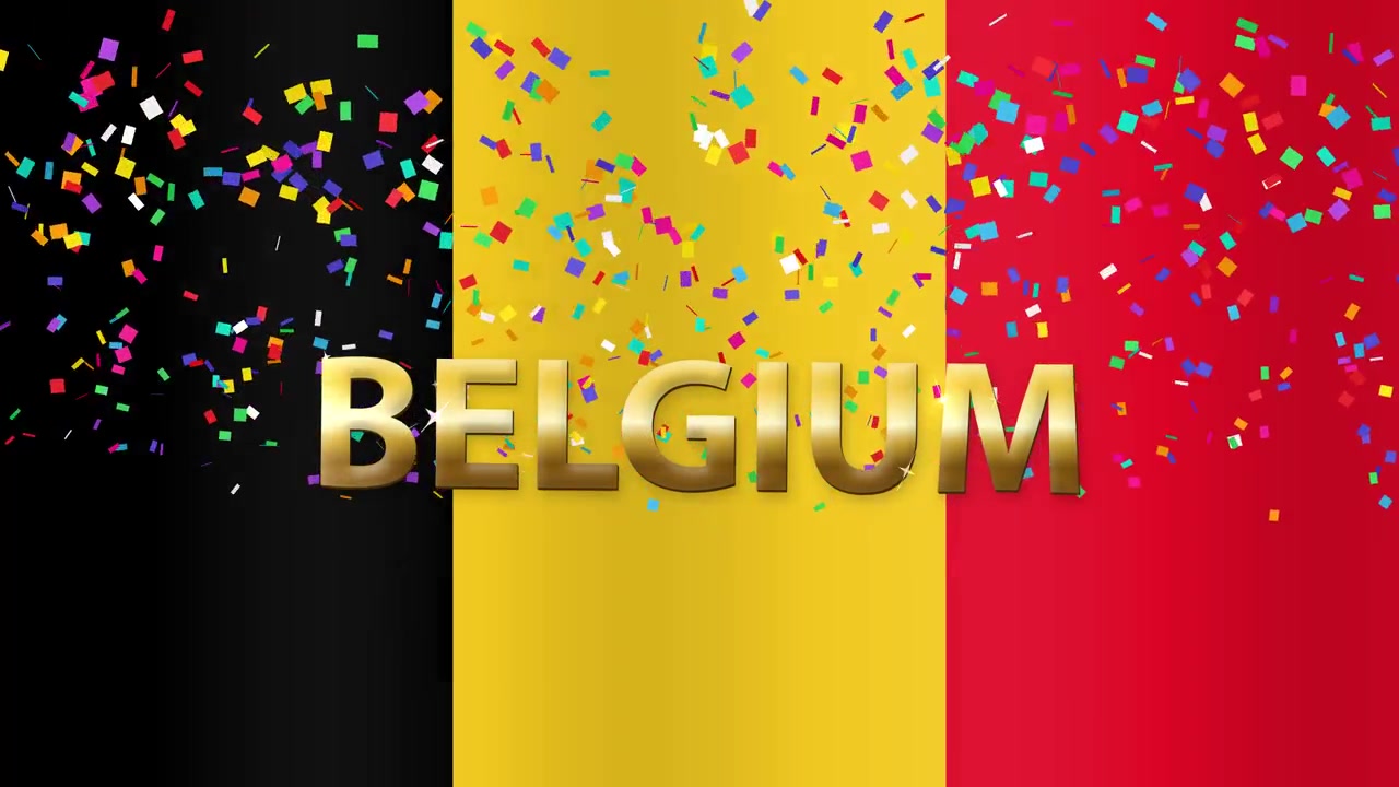 Testo dorato Belgio sopra la bandiera nazionale con coriandoli che cadono