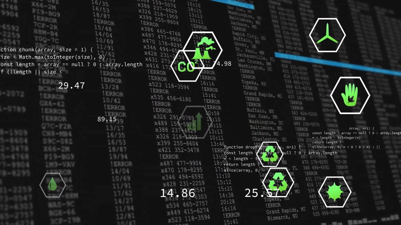 Code snippet expanding data updating and sweeping scanline across hexagon icons monitoring