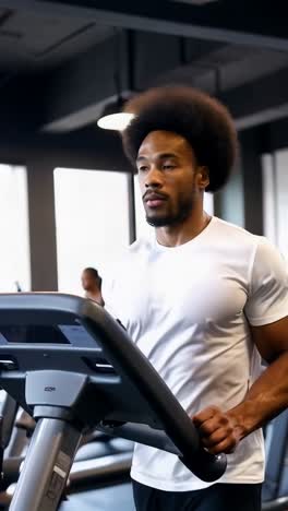 athletic afro sports man running on a treadmill machine in fitness gym.