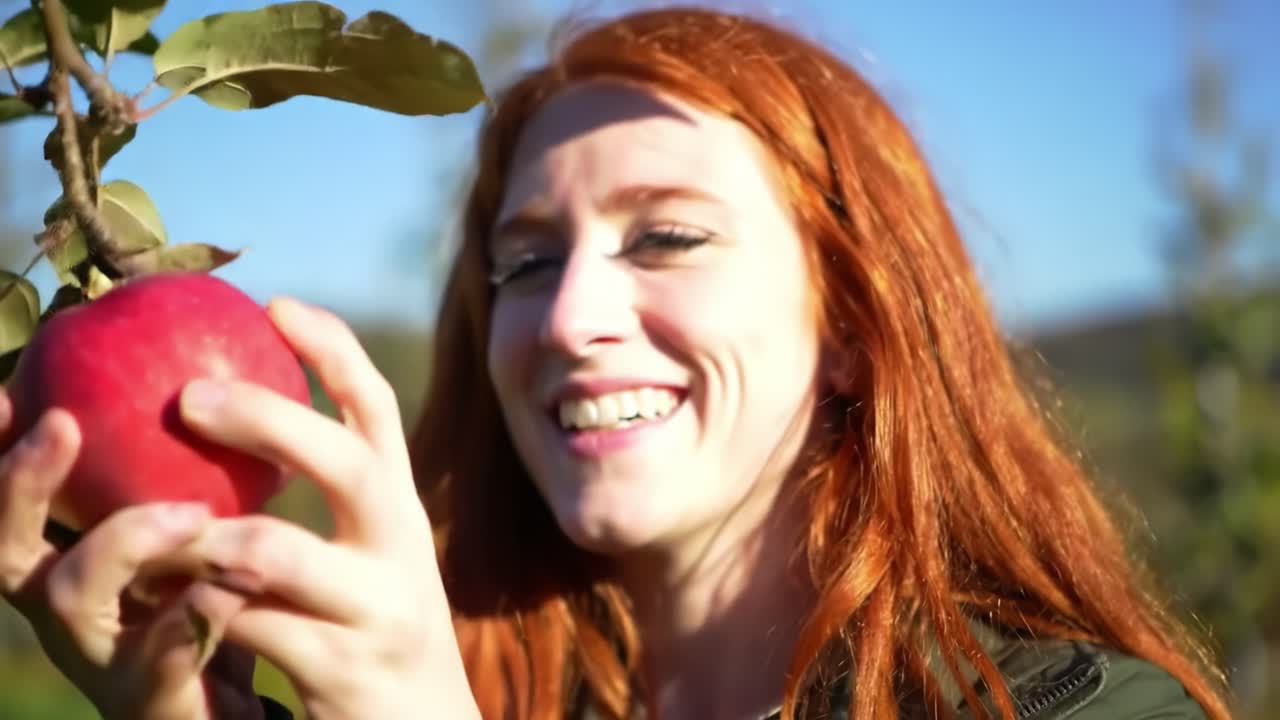 A Joyful Experience of Apple Picking: Embracing Nature's Bounty with a Smile Amidst the Lush Apple Orchard on a Clear Day