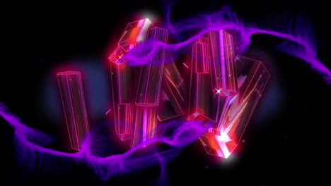 Animation-of-purple-vapour-over-glowing-cluster-of-shiny-pink-shapes,-moving-on-black